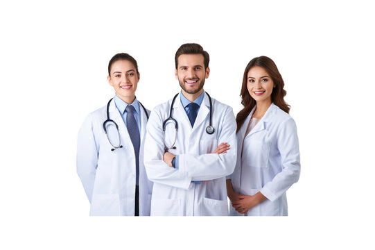 A group of male doctors standing and smiling looking at the camera transparent background