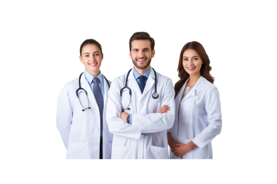 A group of male doctors standing and smiling looking at the camera transparent background