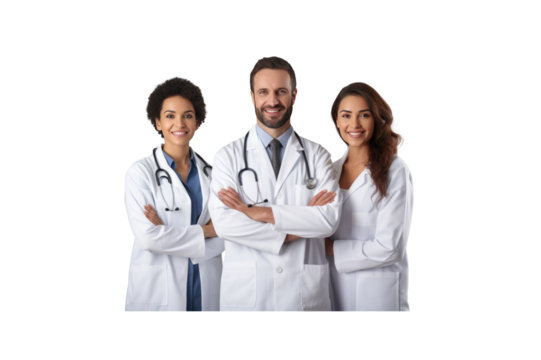 A group of male doctors standing and smiling looking at the camera transparent background