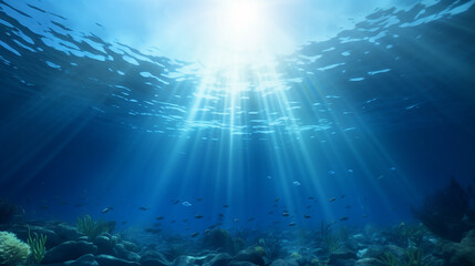 Fototapeta na wymiar blue decorative background with realistic underwater scene with light rays