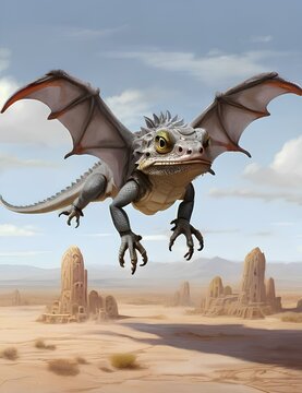A winged lizard flies over the Guy Nahar desert