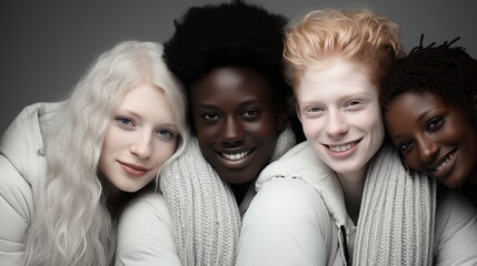 portrait of happy albinos people on gray background .