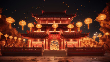 Chinese new year, Traditional Chinese lanterns display in Temple illuminated for Chinese new year festival, at night. Year of dragon, 2024. - obrazy, fototapety, plakaty