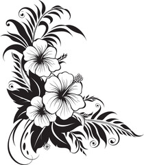 Floral Harmony Elegant Black Icon with Decorative Floral Corners Lush Luxuriance Monochrome Emblem Highlighting Decorative Corners