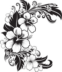 Graceful Garden Monochrome Emblem Featuring Decorative Floral Corners Eternal Blooms Sleek Black Icon with Vector Floral Corners