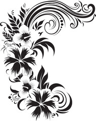 Opulent Orchids Sleek Icon with Decorative Corners in Black Whimsical Blooms Chic Vector Logo Featuring Decorative Floral Design