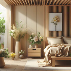 Soft focus effect 3D Bedroom and create a cozy atmosphere. The cabinet features a sleek design, perfect for minimal bedroom interiors.