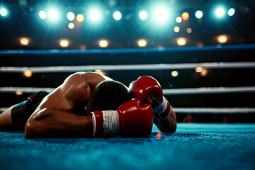 a boxer man falls knocked out TKO. defeat in battle. ai generative