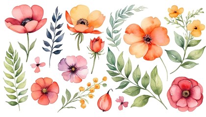 Watercolor Flowers Illustration: A Big Set of Design Elements