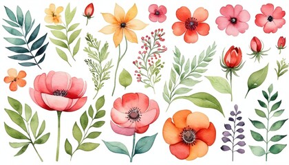 Big Set of Watercolor Elements: Flowers Watercolor Illustration