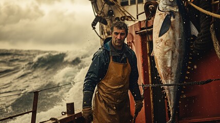 A male fisherman on a fishing boat during a storm. Focused bearded brutal male fisher