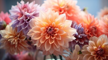 A macro shot of intricate details in a bouquet of dahlia flowers, showcased in a transparent vase.