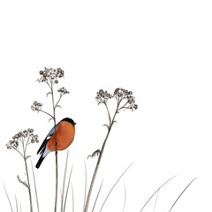 bullfinch bird sitting at dry plants isolated at white background, hand drawn watercolor illustration