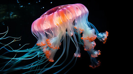 glowing jellyfish chrysaora pacifica underwater on dark background