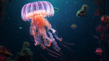 under water scene with glowing jellyfish chrysaora pacifica underwater