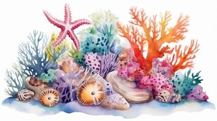 Fototapeta na wymiar reef with colorful corals fish sponge anemones starfish on white background
