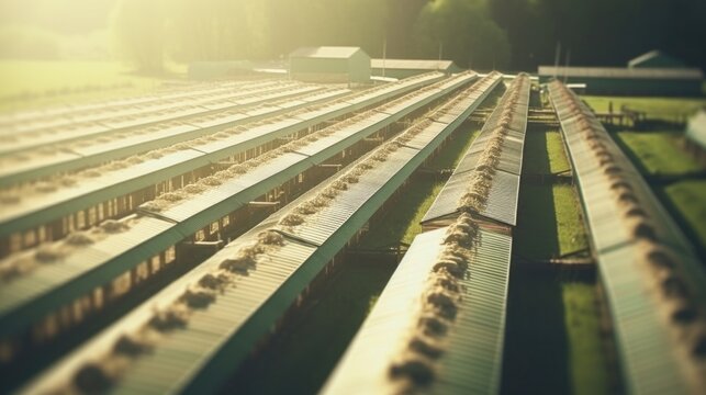 The overhead shot captures the orderly rows of chicken houses, inter with winding roads and lush pastures on a massive poultry farm.