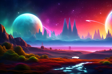 Gorgeous Extra-terrestrial Night View: A cartoon extraterrestrial view with a neon space background decorated with starry skies and various planets generative ai