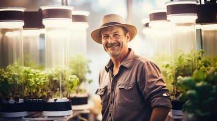 A proudly beaming farmer standing next to his aeroponic setup, showcasing his revolutionary od of growing crops in a misty, soilfree environment. - obrazy, fototapety, plakaty