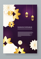Gold white and purple violet beautiful ramadan kareem greeting card. Vector illustrations for greeting card, invitation card, website banner, social media banner, marketing material.