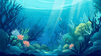 Fototapeta na wymiar beautiful sea underwater background. ocean button with seaweed