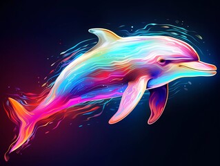 dolphin illustration in abstract, rainbow ultra-bright neon artistic portrait graphic highlighter lines on minimalist background. generative ai