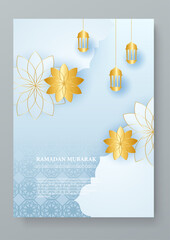 Blue gold and white vector ramadan kareem illustration greeting card. Vector illustrations for greeting card, invitation card, website banner, social media banner, marketing material.