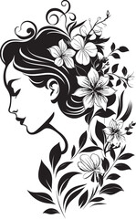 Floral Femme A Vector Black Logo Celebrating Womanhood Whispering Petals Black Logo Design with a Feminine Floral Face Icon