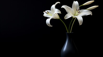 A minimalist composition featuring white lilies in a sleek black vase, highlighted by studio lighting.