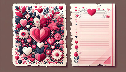 Two sheets from a personalized notebook with red white and black flowers and hearts