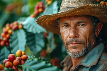 farmer on arabica coffee plantation - obrazy, fototapety, plakaty