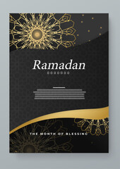 Black and gold ramadan kareem arabic greeting card. Ramadan background for banner, greeting card, poster, social media, flyer, card, cover, or brochure