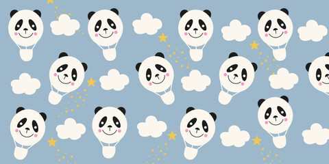 hand drawn Seamless pattern panda balloons with clouds and stars. for Children's wallpapers.