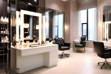 Beauty's Delicate Artist: Hair Salon Interior Decorated with Large Mirror and Leather Chair generative ai