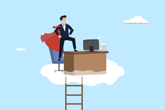 Dream job, perfect workplace or career success, opportunity for the best job, superhero businessman working on dream job at his desk on the clouds.