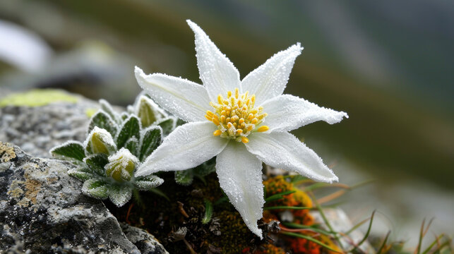 Wild and beautiful mountain flower Edelweiss, a symbol of high mountains. Nature reserve, mountain flowers.