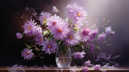 A play of light and shadows on a bouquet of asters in a translucent vase, creating a captivating atmosphere.