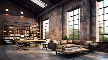 office interior in loft industrial style elegant design 3d render
