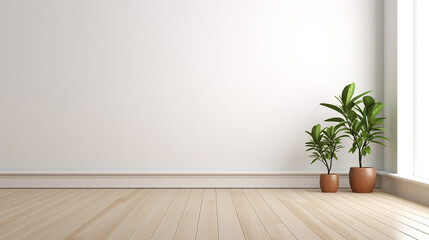 view of white empty room and wood laminate floor frame with plant - obrazy, fototapety, plakaty