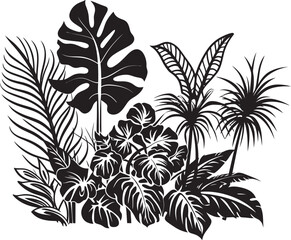 Tropic Elegance Iconic Symbol in Black Featuring Plant Leaves and Flower Vectors 