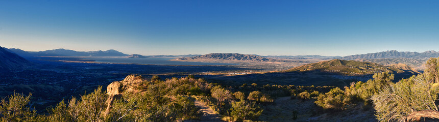 Lone Peak and surrounding landscape from Jacob’s Ladder hiking trail, Lone Peak Wilderness, Wasatch Rocky Mountains, Utah, United States.