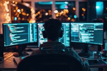 person sitting in front of multiple computer monitors lit up with code.  - obrazy, fototapety, plakaty