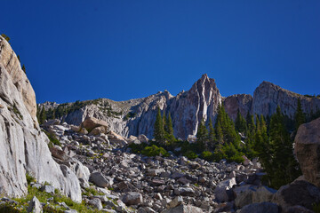 Lone Peak and surrounding landscape from Jacob’s Ladder hiking trail, Lone Peak Wilderness, Wasatch Rocky Mountains, Utah, United States.