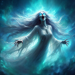 A banshee with ghostly white hair, wailing in the wind, folklore, old woman. - obrazy, fototapety, plakaty