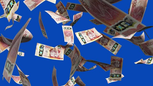 3D animation of Jamaican dollar notes Falling On blue screen. Remove the background by keying or subtracting with the black and white matte to replace with a custom one
