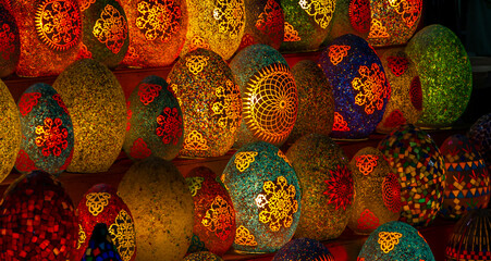 Egyptian mosaic egg shaped lamps. Arabian egg-shaped unique lamps in stock souvenir shop....