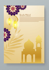 Gold purple violet and beige vector flat ramadan kareem celebration greeting cards. Ramadan poster for greeting card, cover, label, sale promotion templates, pattern background luxury style