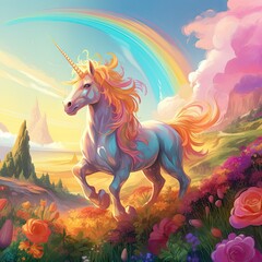 Obraz na płótnie Canvas Beautiful unicorn running across a colorful land.