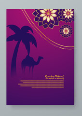 Gold and purple violet vector ramadan kareem greeting card template. Ramadan poster for greeting card, cover, label, sale promotion templates, pattern background luxury style
