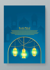 Gold and blue beautiful ramadan kareem greeting card. Ramadan poster for greeting card, cover, label, sale promotion templates, pattern background luxury style